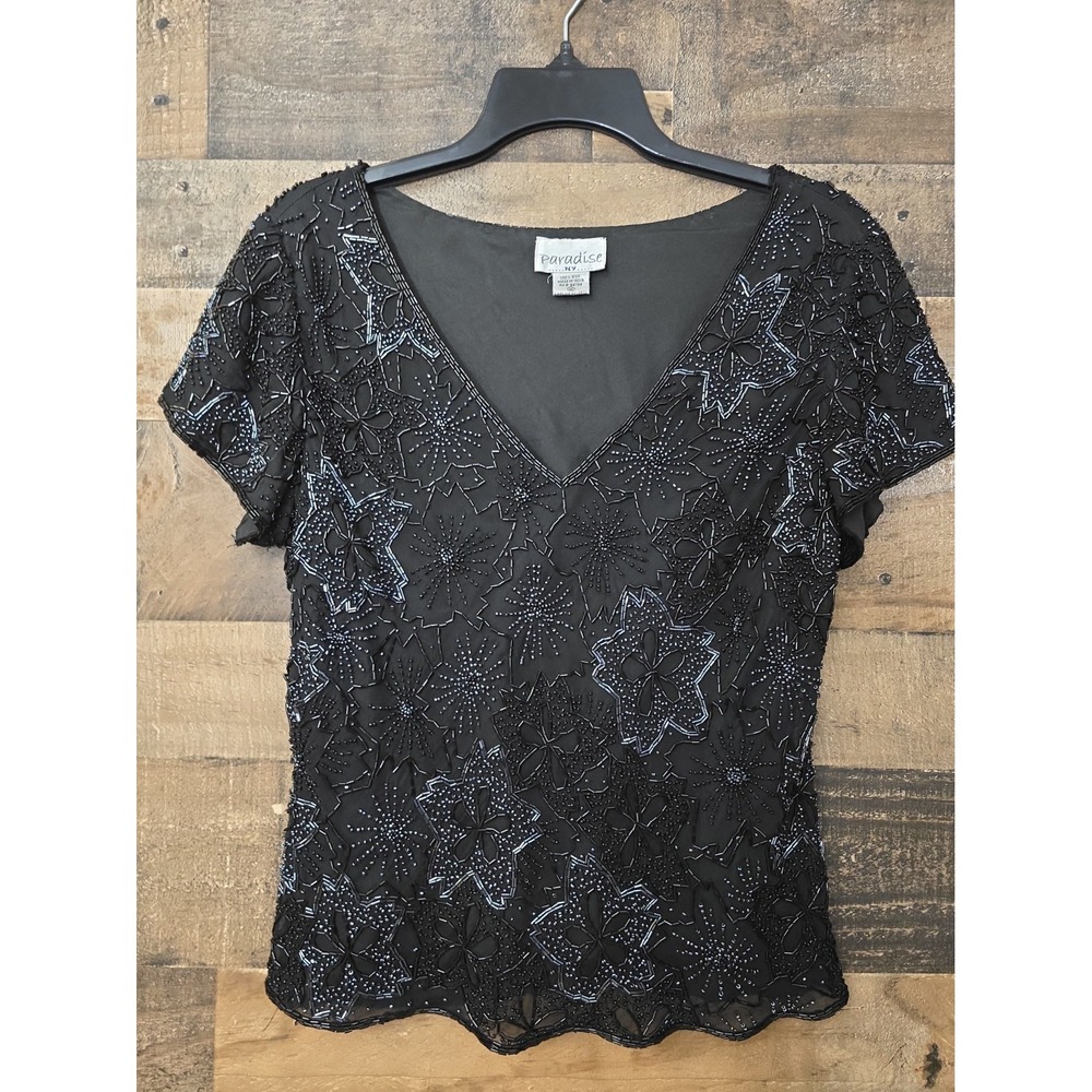 Heavily Beaded Black Silk Formal Top Women Medium Coquette Money Fairygoth